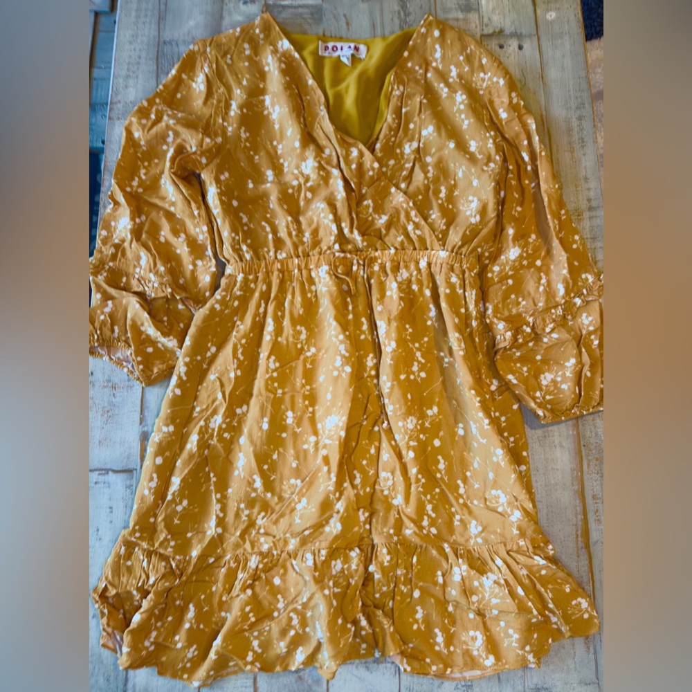 Anthropologie Dolan mustard yellow surplice ruffle hem floral dress